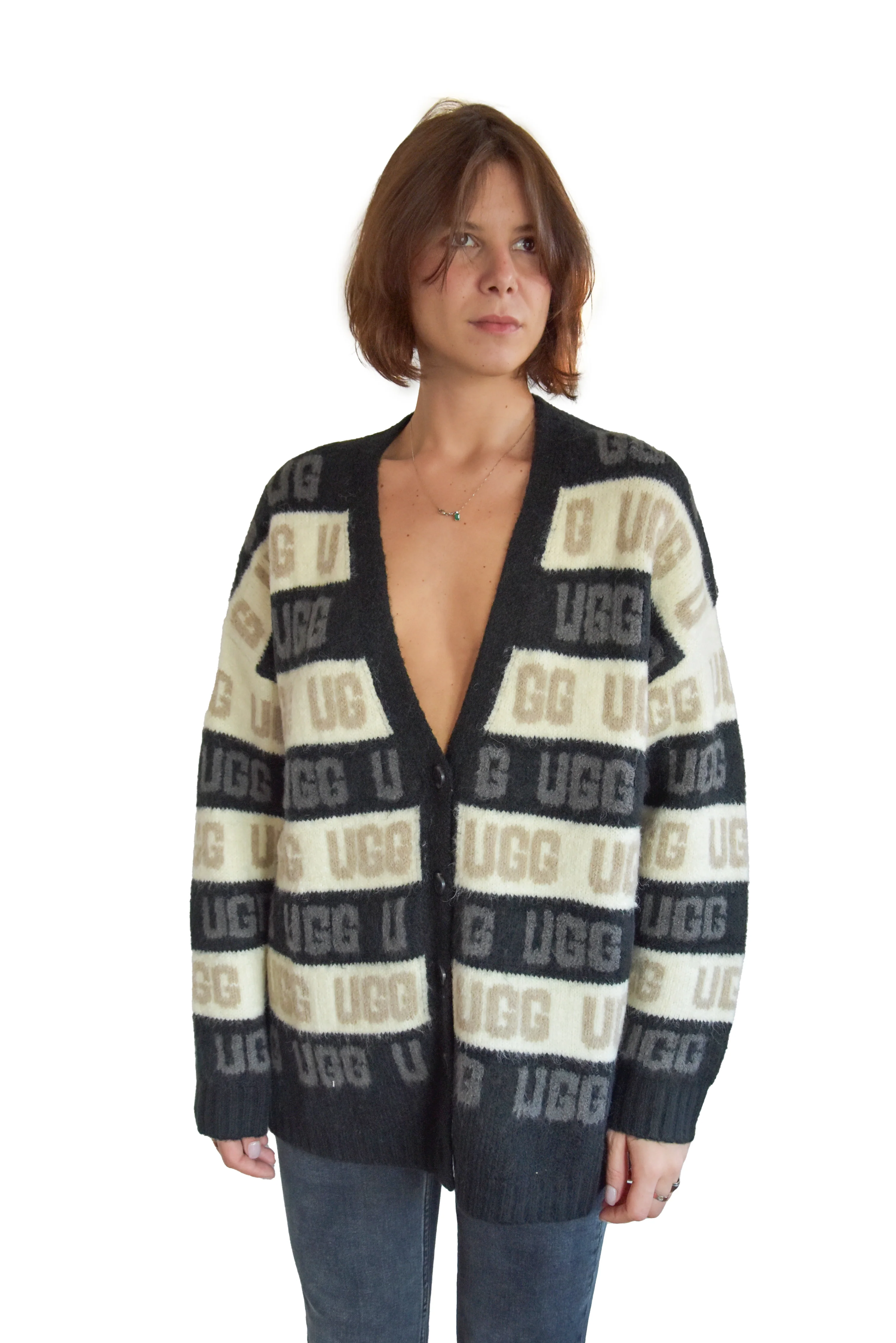 Cardigan Ugg Graphic Bianco E Nero Donna Impreziosito Dal Logo - Image 3