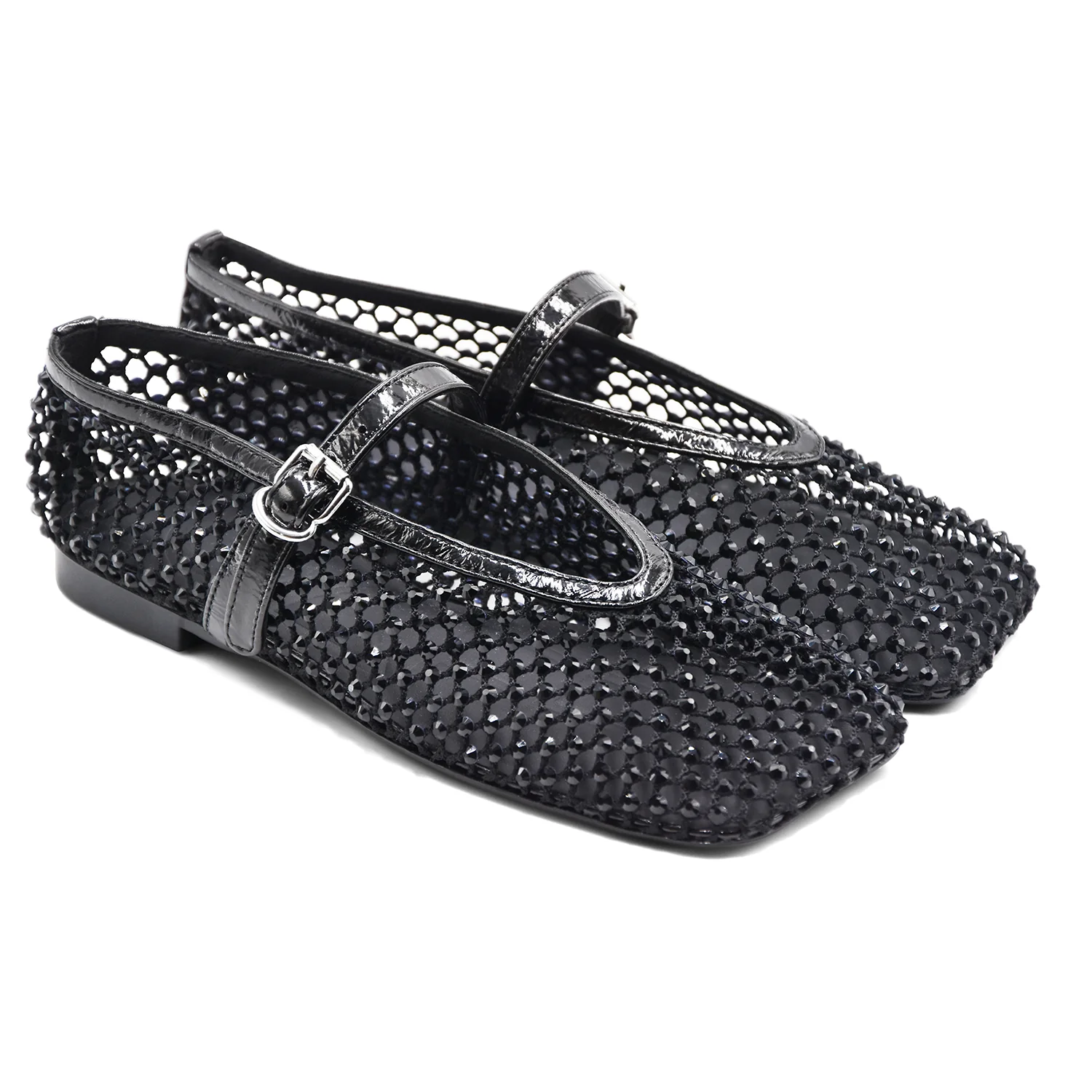 Ballerine Loafer Christen Ballet Donna Rete Strass Nero Vernice - Image 2