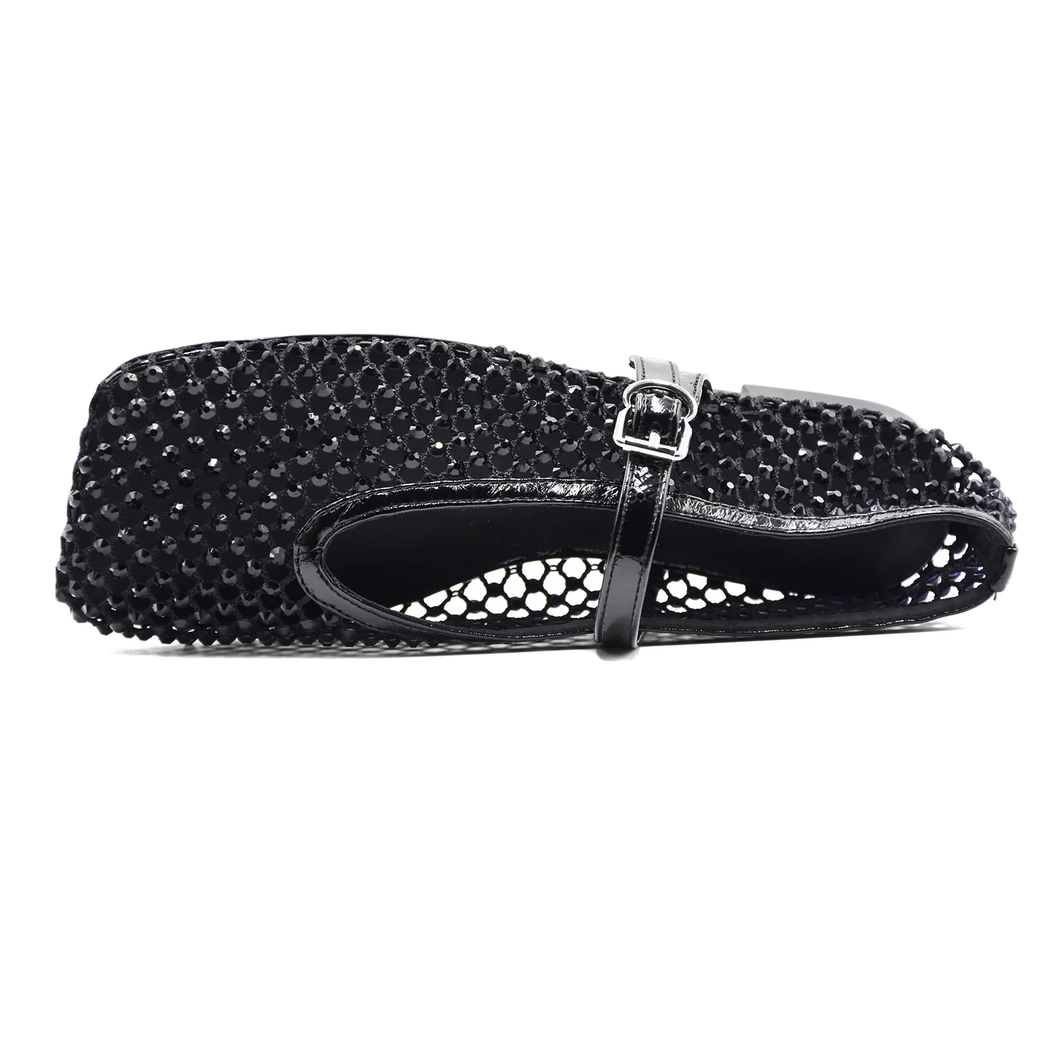 Ballerine Loafer Christen Ballet Donna Rete Strass Nero Vernice - Image 3