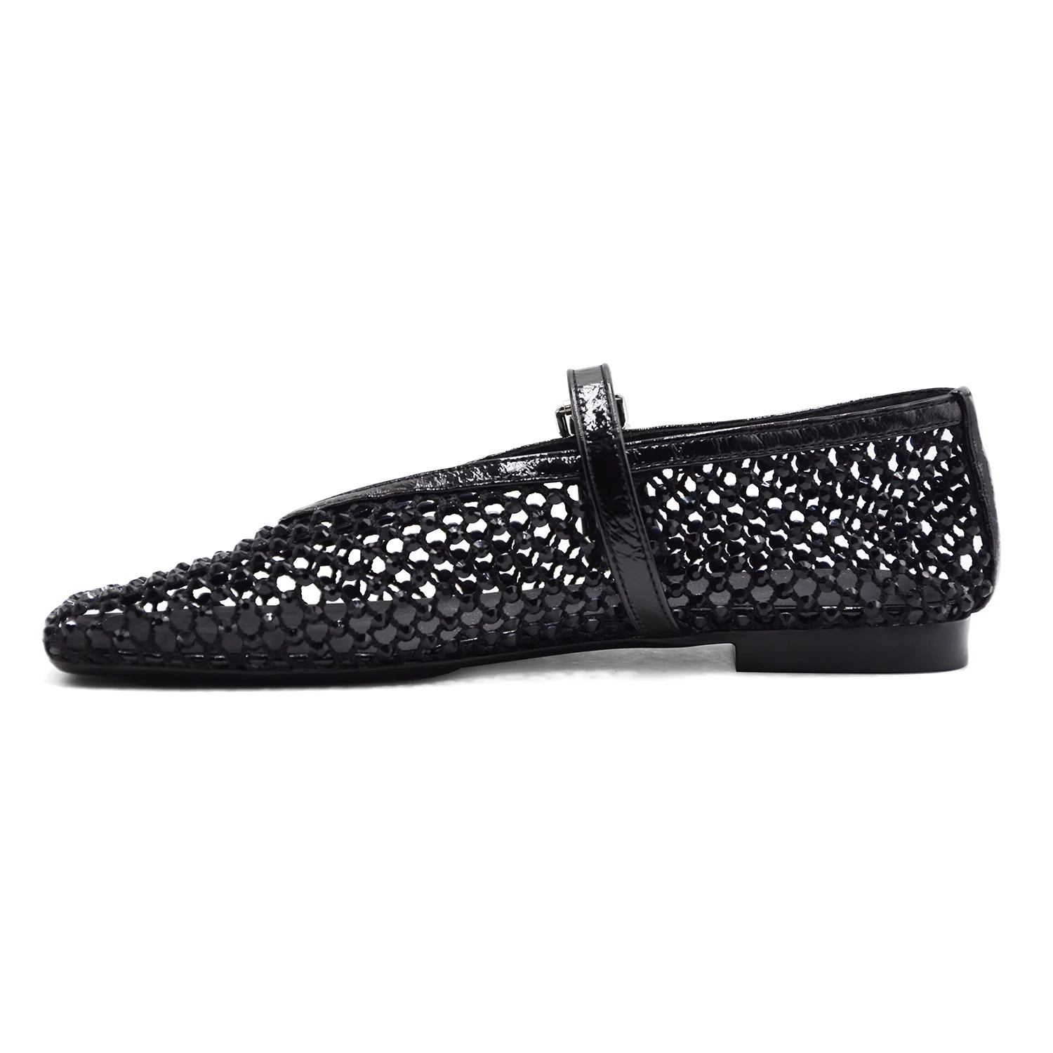 Ballerine Loafer Christen Ballet Donna Rete Strass Nero Vernice - Image 5