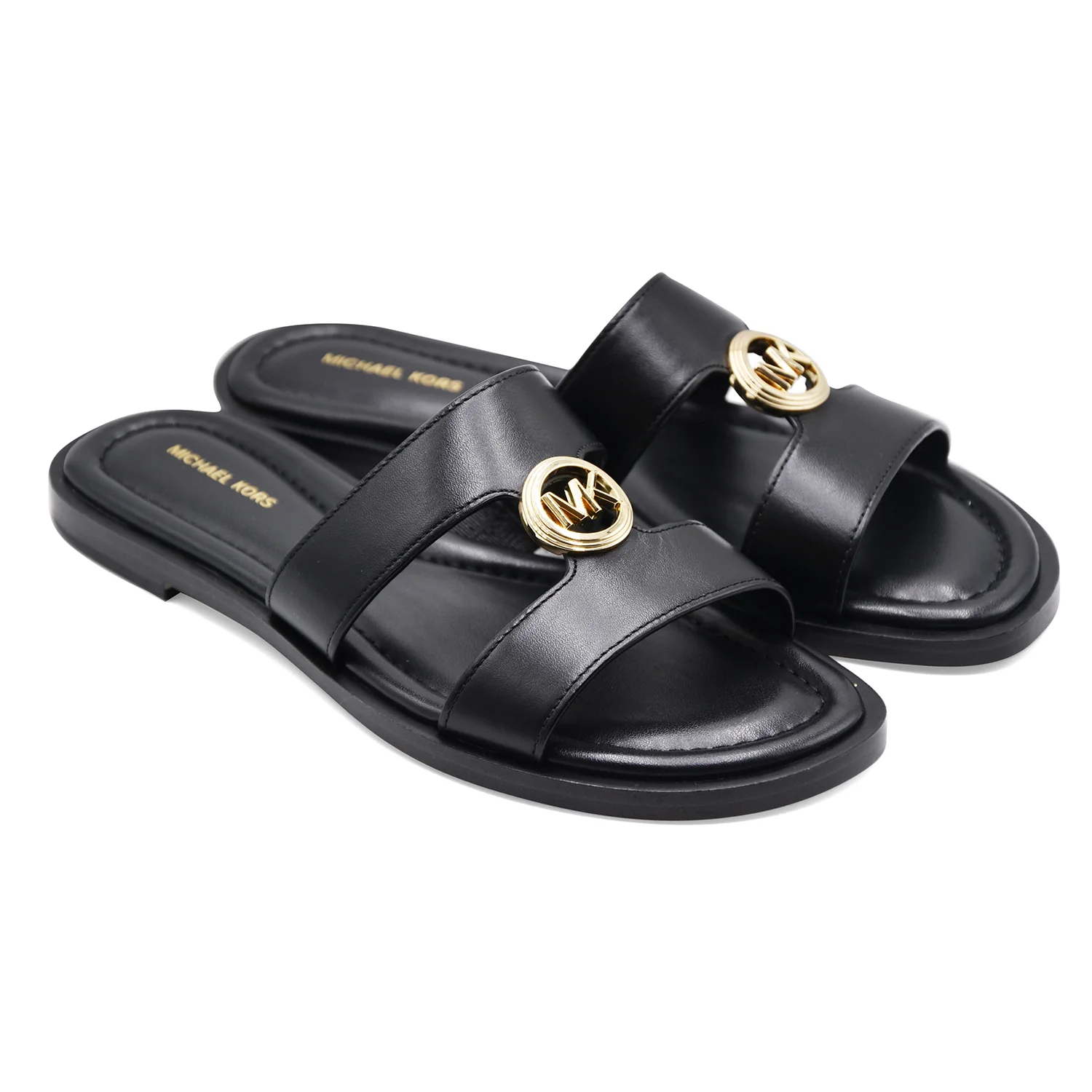 Michael Kors Sandali Donna ERIN FLAT Pelle Nero Logo "MK" Oro - Image 2