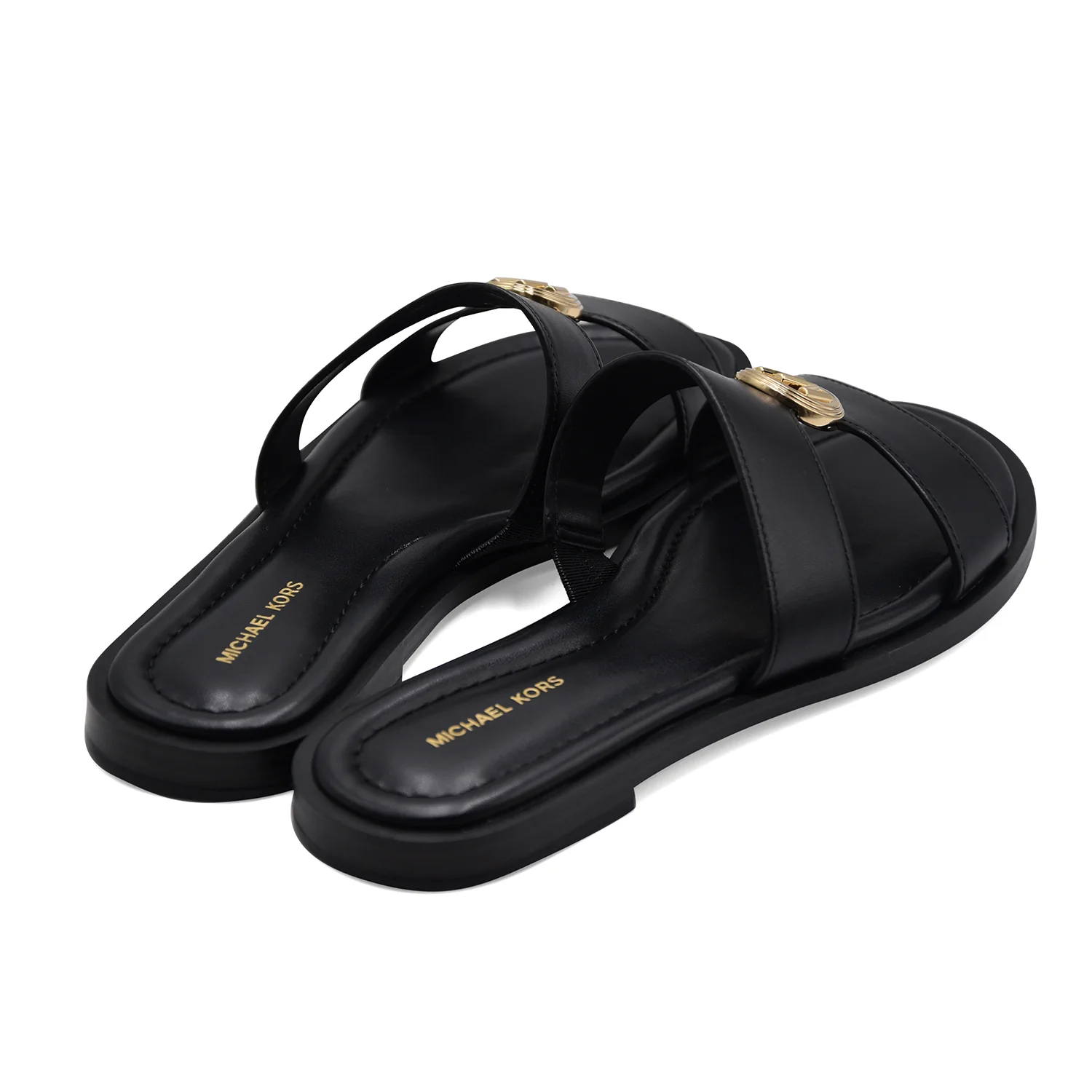 Michael Kors Sandali Donna ERIN FLAT Pelle Nero Logo "MK" Oro - Image 3