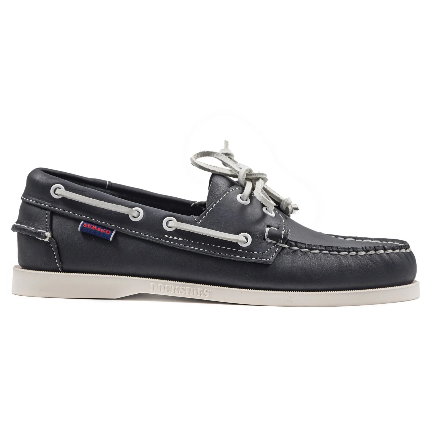Sebago Docksides Uomo Stringata Blu Con Lacci Bianchi In Pelle