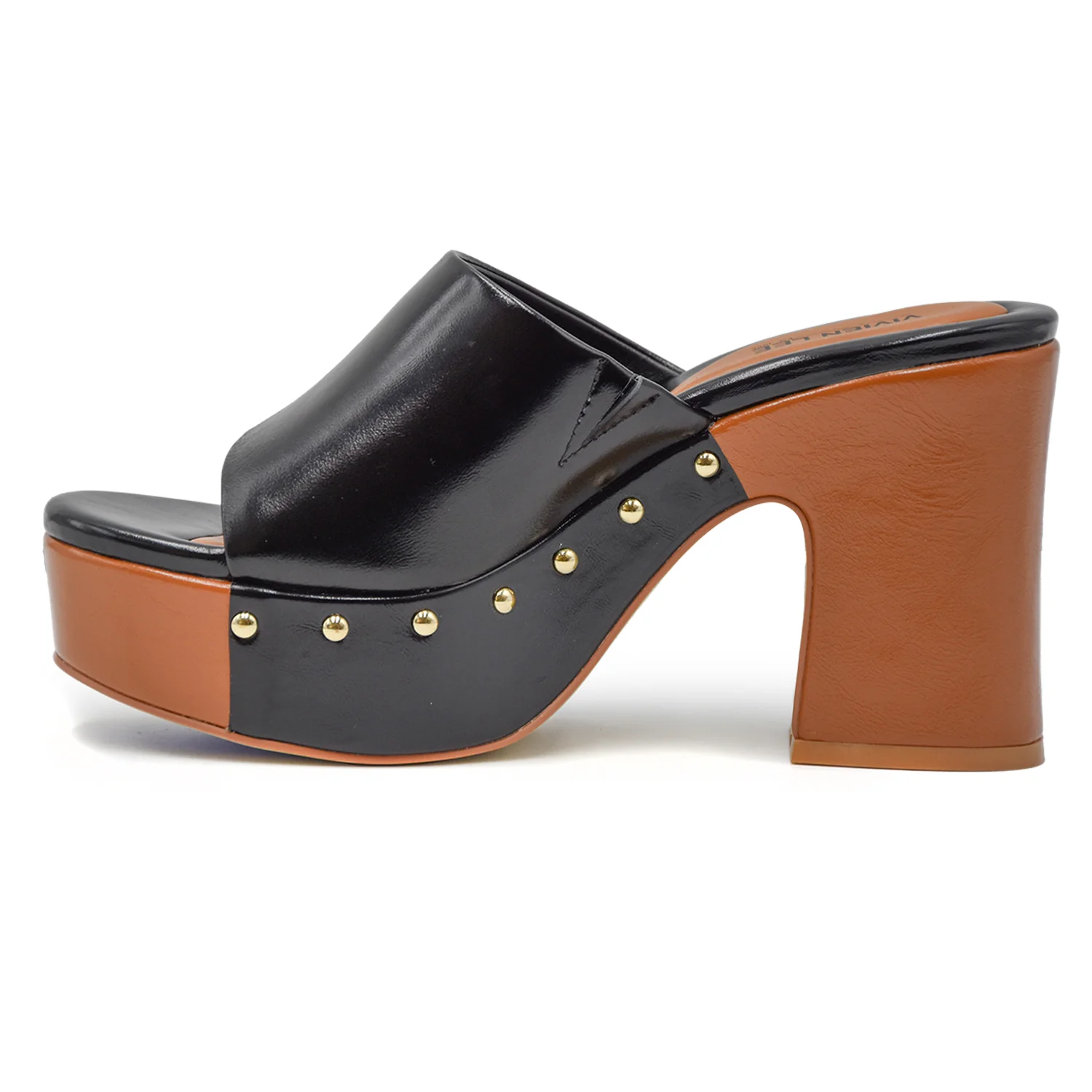 Vivien Lee Sandali Zeppa Donna Nero Cuoio Con Borchie Laterali - Image 3