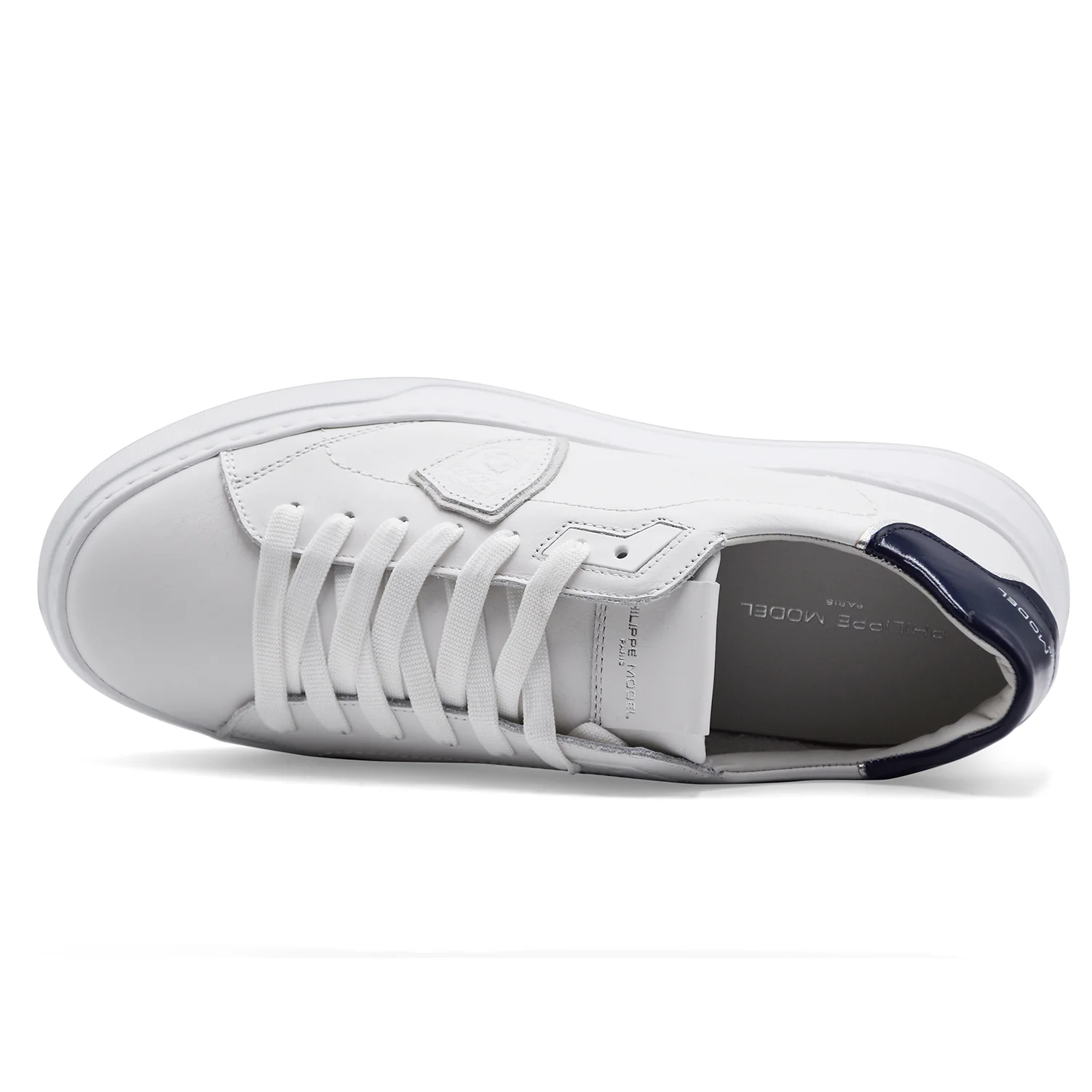 Philippe Model Uomo Sneakers TEMPLE LOW Pelle Bianca Tallone Blu - Image 3