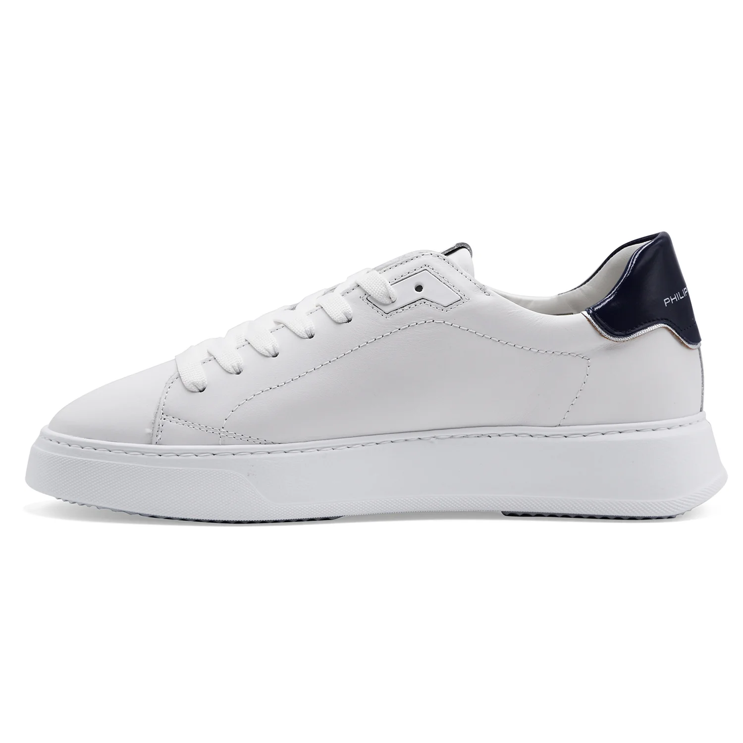 Philippe Model Uomo Sneakers TEMPLE LOW Pelle Bianca Tallone Blu - Image 4
