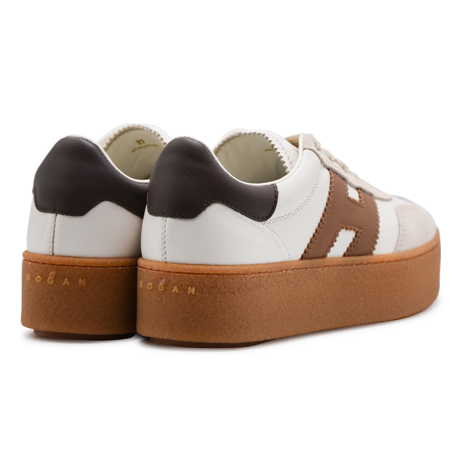 Sneakers Donna Hogan H698 Pelle Bianca Marrone Maxi Suola Beige - Image 3