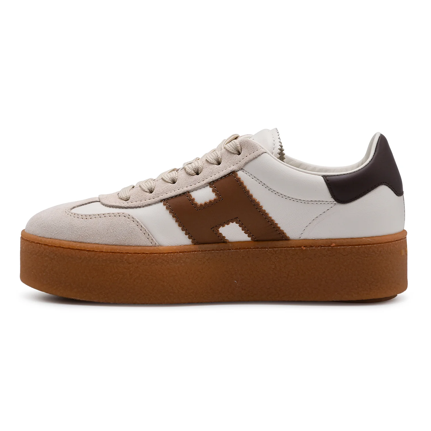 Sneakers Donna Hogan H698 Pelle Bianca Marrone Maxi Suola Beige - Image 4