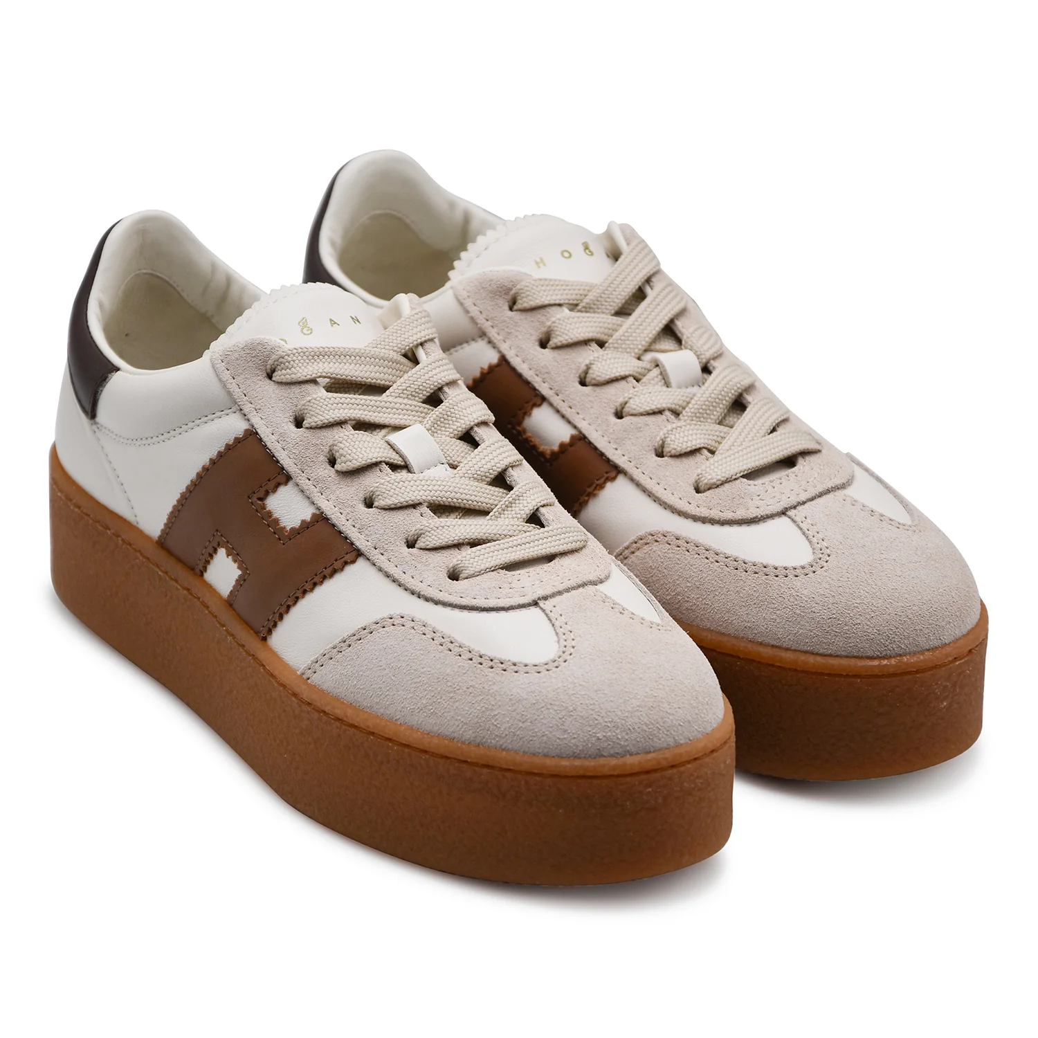 Sneakers Donna Hogan H698 Pelle Bianca Marrone Maxi Suola Beige - Image 6