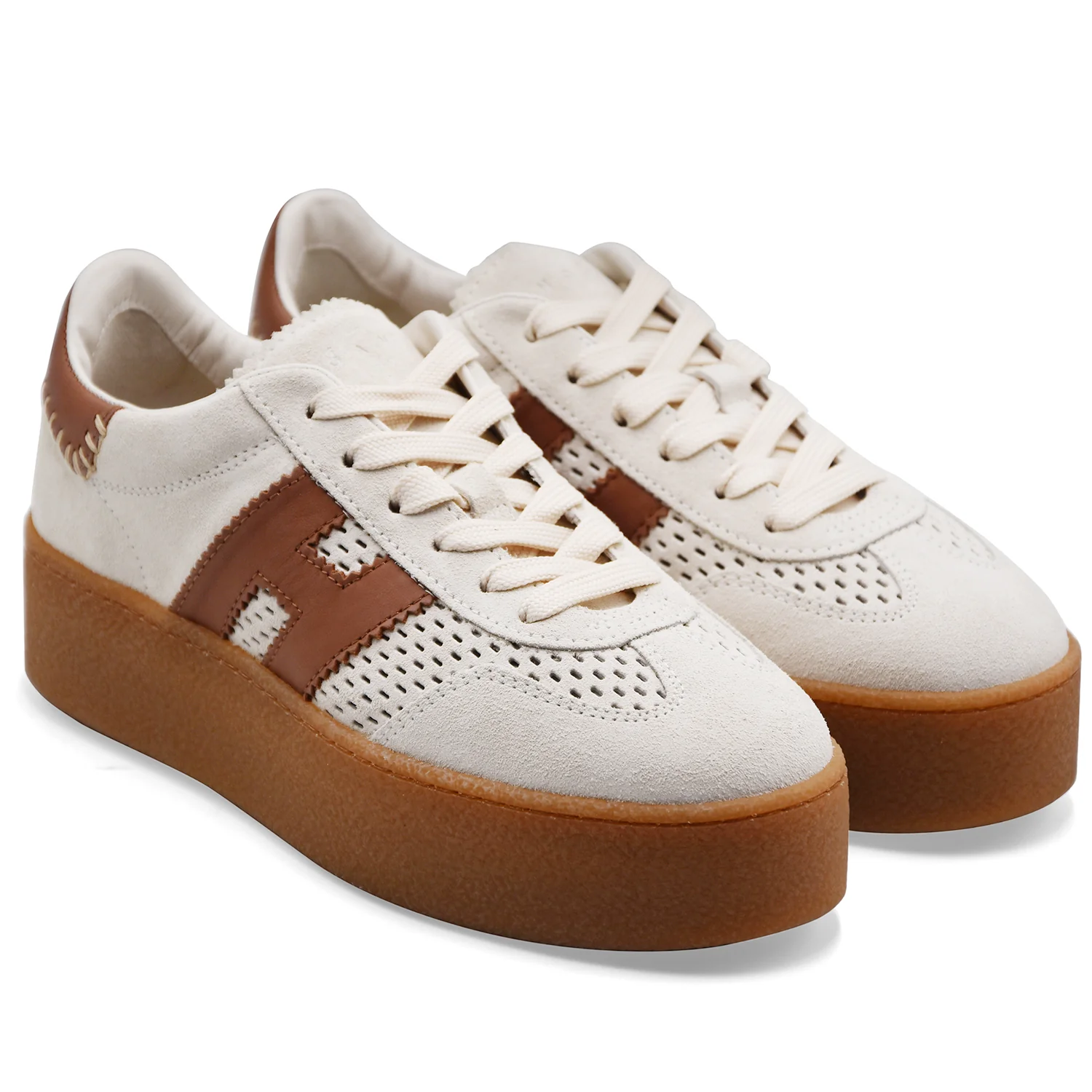 Hogan Sneakers Donna H698 Pelle Scamosciata Avorio Con Forature - Image 2