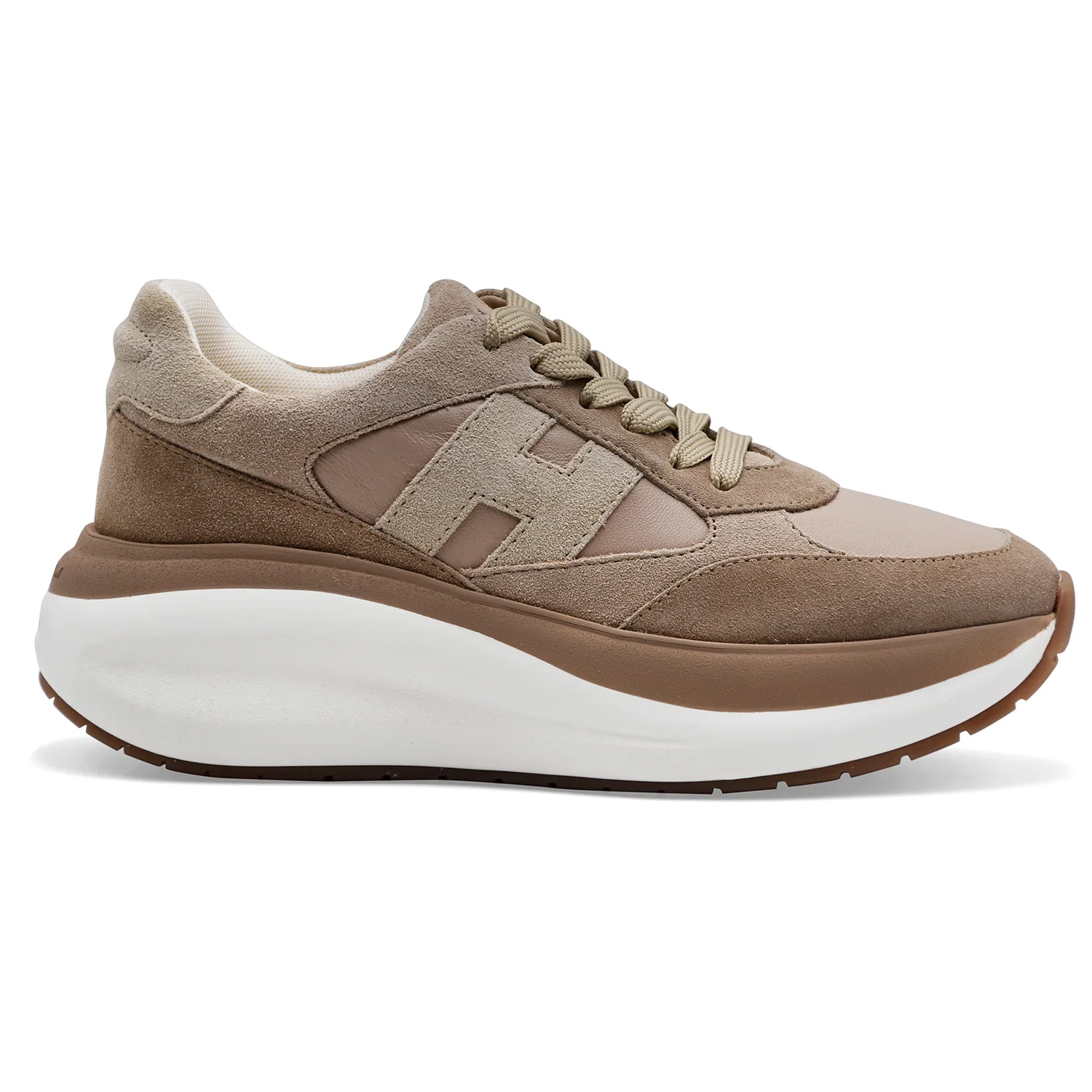 Hogan Sneakers Donna H714 Vera Pelle Scamosciata E Tessuto Beige