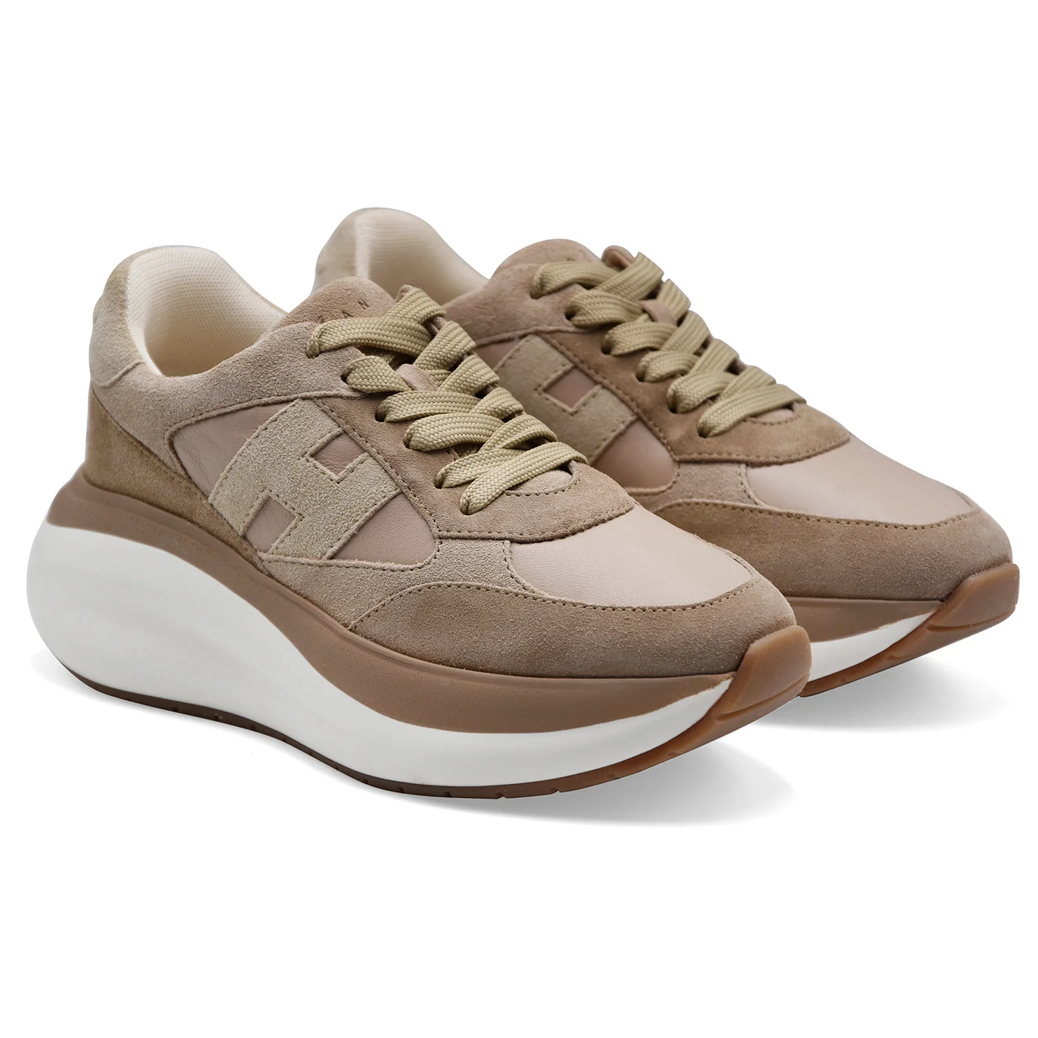 Hogan Sneakers Donna H714 Vera Pelle Scamosciata E Tessuto Beige - Image 2