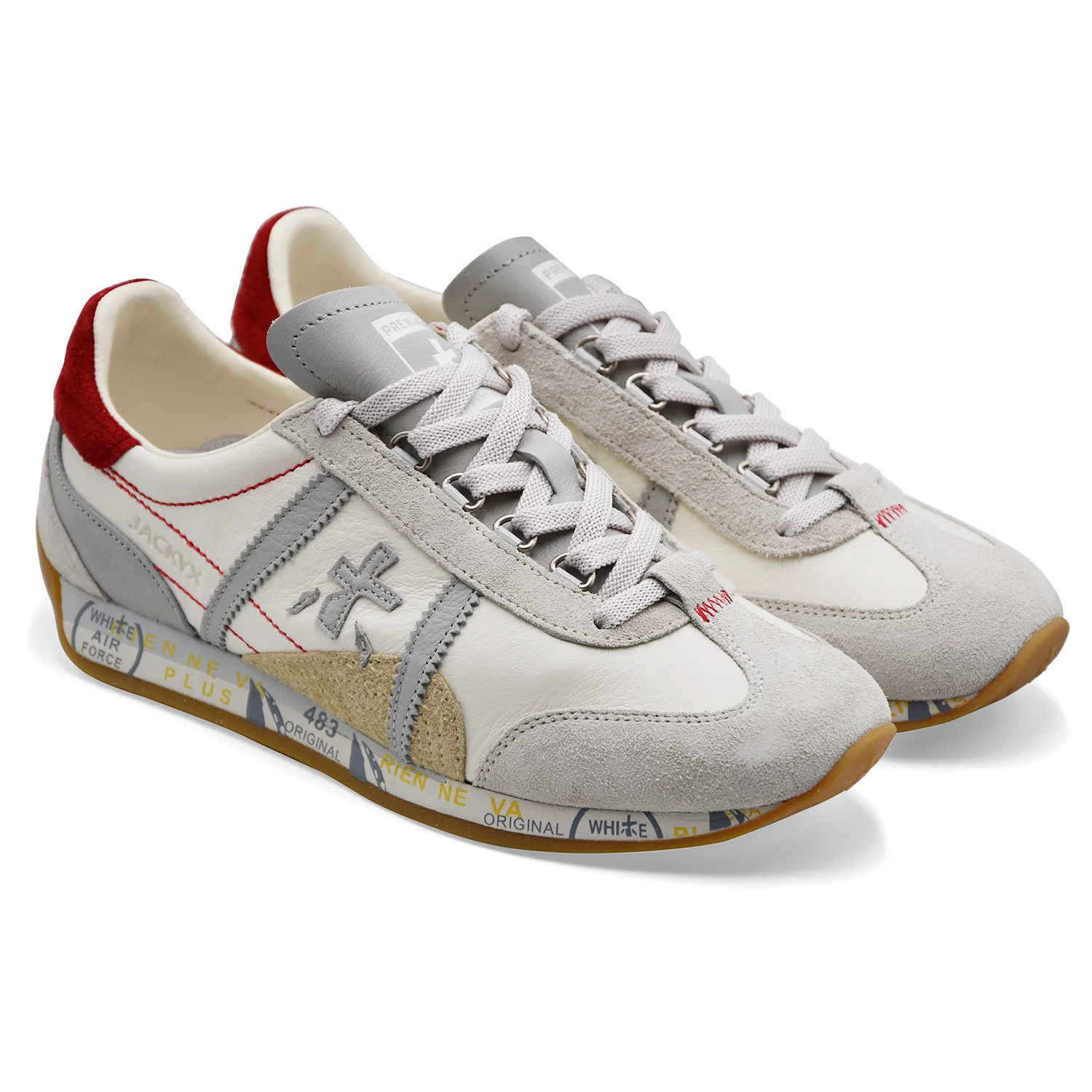 Premiata Sneakers Uomo JACKYX 8225 Pelle Bianca Camoscio Grigio - Image 2