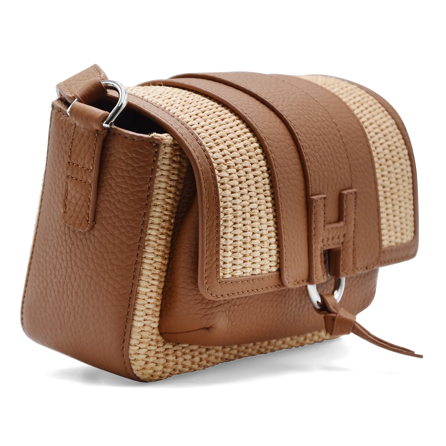 Borsa Hogan Donna H01X Flap Bag Rafia E Vera Pelle Color Cuoio - Image 3