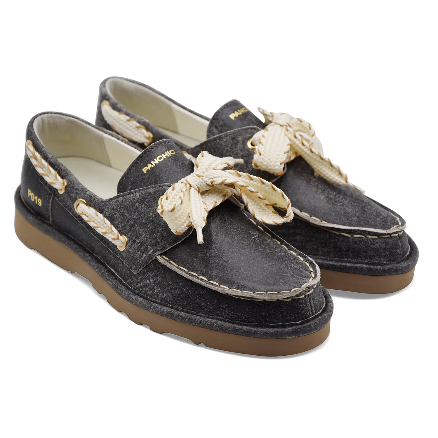 Scarpe Da Barca Panchic Donna P019 Pelle Nero Effetto Vintage - Image 2