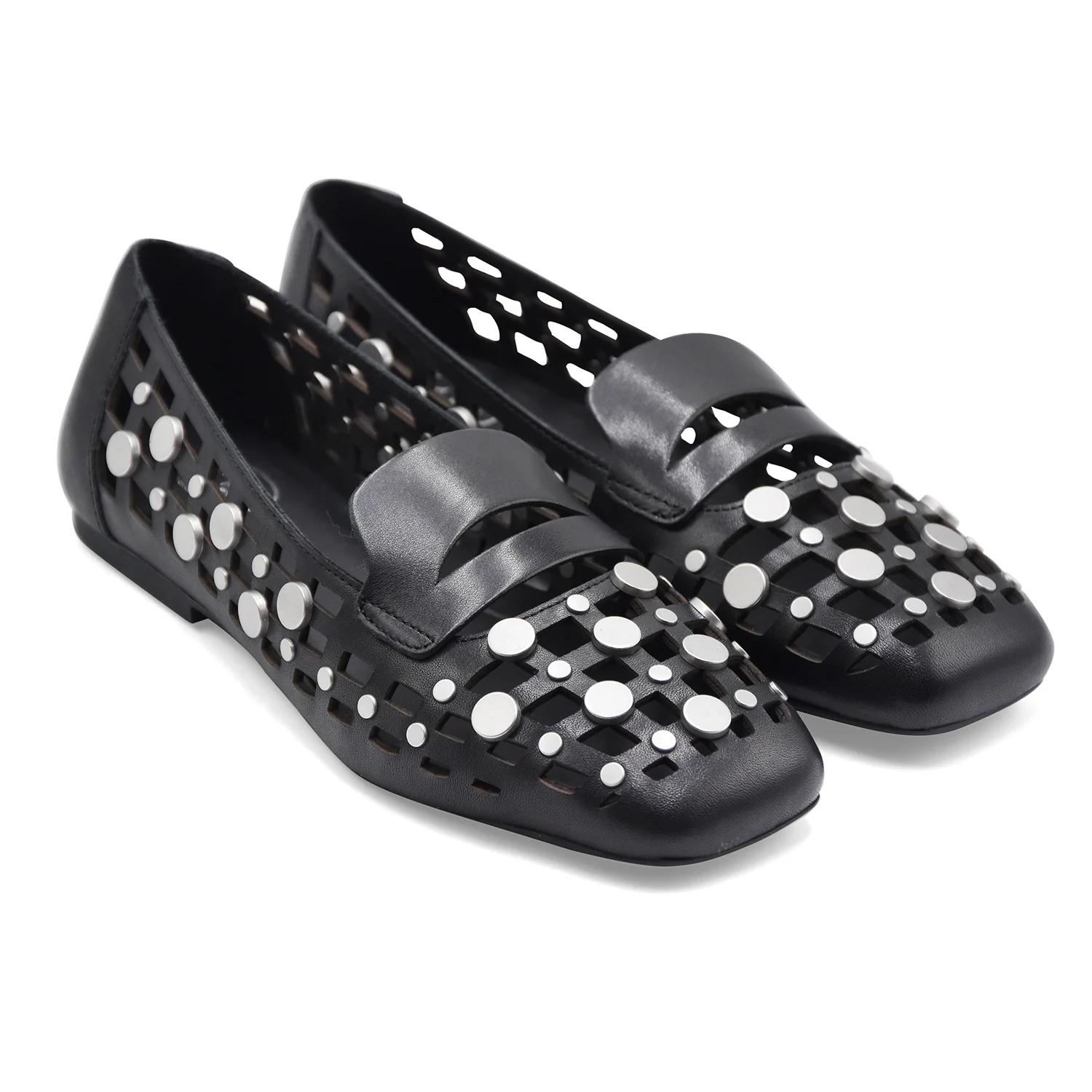 Mocassini Ash Donna Bali Pelle Traforata Nero Borchie Argento - Image 2
