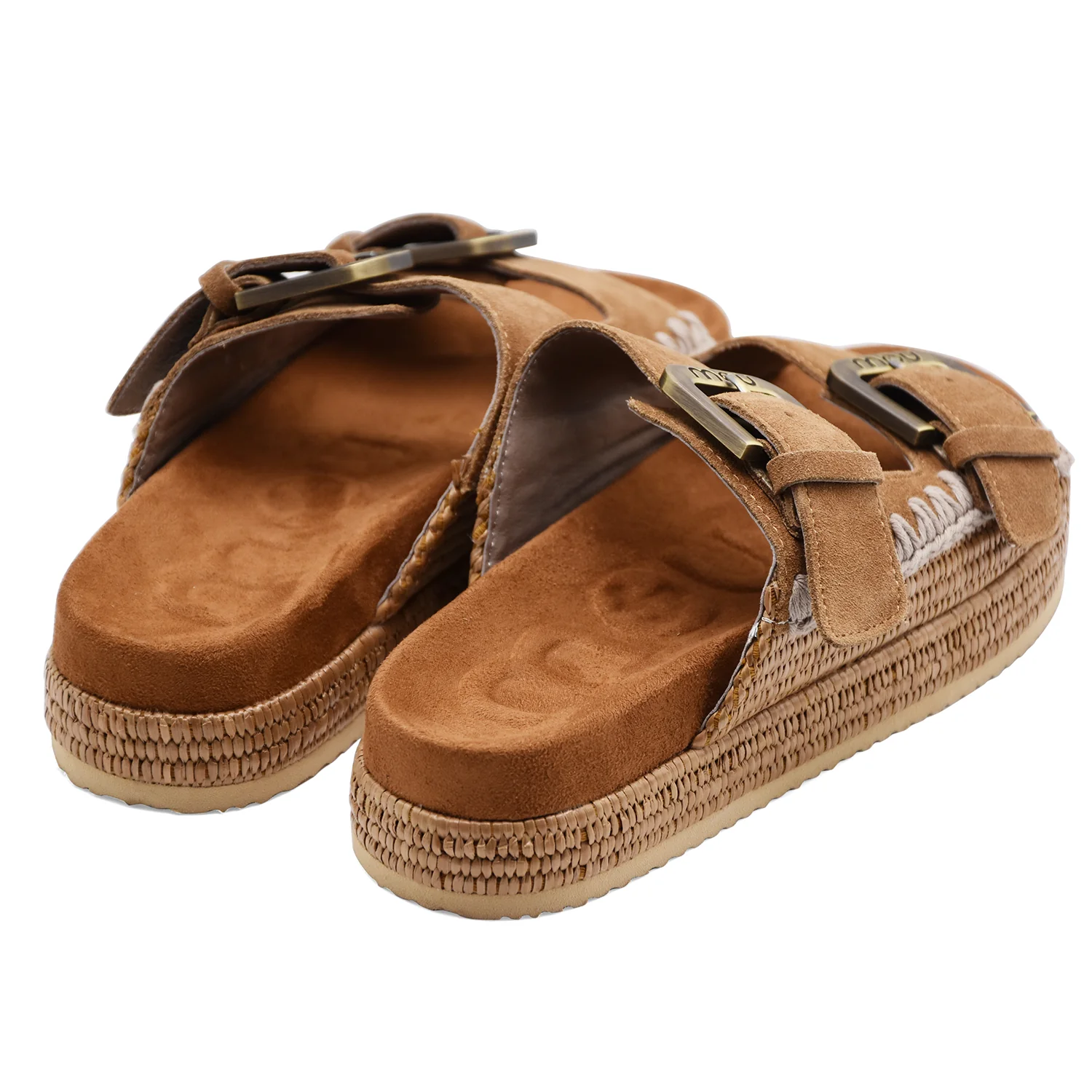 Sandali Donna Mou Two Buckle Raffia Cognac Pelle Scamosciata - Image 4